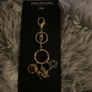 NWT True Religion Brand Jeans Gold Tone Triple Charm Keychain/Purse Charm